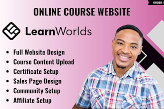 setup and design learnworlds online course site with sales pages of all courses