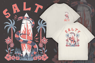 hand drawn illustration, artwork, vintage, surf style, design clothing brand
