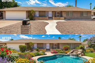 design and decorate your home garden with flowers, pathways, and pool features