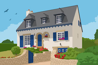 draw house, skyscraper, stadium and other building in vector cartoon