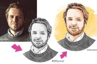 illustrate professional ink and watercolour headshot portraits for businesses