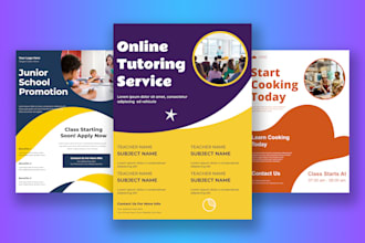 design school admission, tutor service, and cooking class flyer