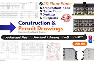 design construction drawings for city permit, architectural 2d floor plans, mep
