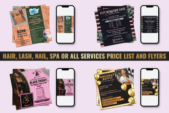 do amazing hair, lash, nail, spa price list and flyers