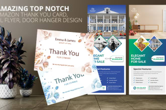 create top notch amazon thank you card, dl flyer, door hanger design for you