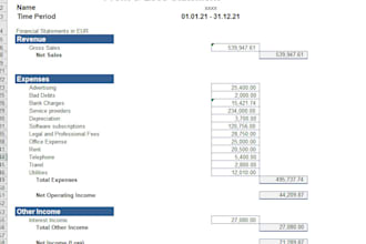 do bookkeeping, ratio analysis, profit and loss in excel