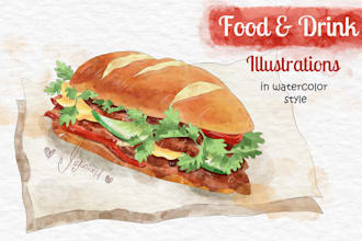 create food and drink illustrations in watercolor style