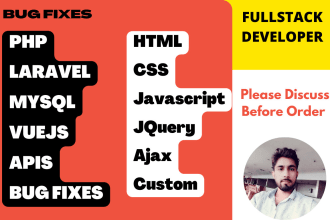 fix errors bugs in html, css, bootstrap, js, jquery, laravel, php, mysql, vuejs