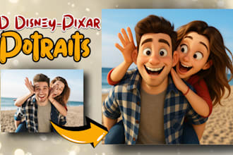 create disney pixar style 3d cartoon portraits for you in 24h