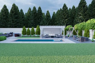 design 3d backyard, landscape, garden,pool,patio,deck design