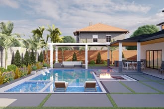 design 3d backyard, landscape, garden,pool,patio,deck design