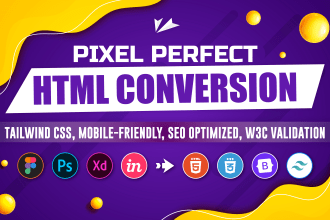 convert psd to html, figma to html, xd to html with bootstrap, tailwind css