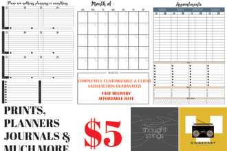design planners, calendars, worksheets, journals, bookmarks, flyers