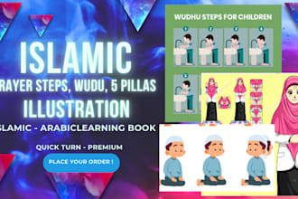 create islamic prayer steps, wudu steps illustration and arabic learning book