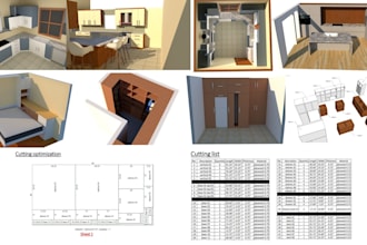 kitchen or dressing room design, cutting list and cutting diagrams