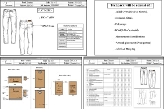 do your industrial fashion tech pack spec sheet and flat sketch