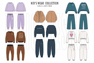 design kids wear collection, flat sketches, and tech packs