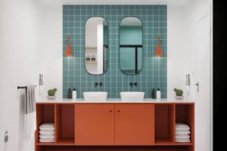 design a modern bathroom remodel layout with 3d renderings