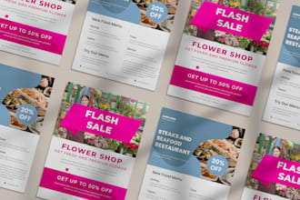 design flyers for the golf tournament, seafood restaurant, and summer sale