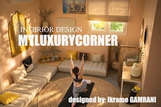 create a 3d rendering of a boho yoga room interior design