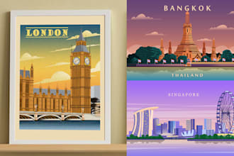 draw a poster travel of a city in flat illustration