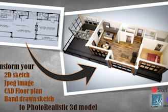 transform hand drawn or 2d sketch of your floorplan to realistic 3dmodel