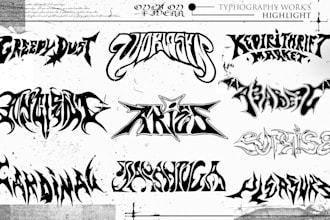 dark typography logo and lettering, metal, y2k, psychedelic