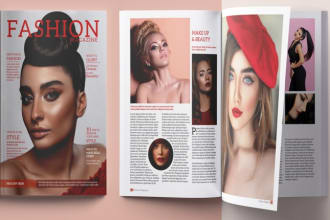 design professional fashion magazine layout, cover, ads, editorial, look book