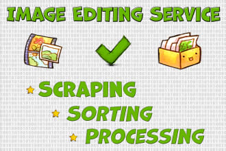 scrape images, resize, rename, sort by folders, add text, logo, clean metadata