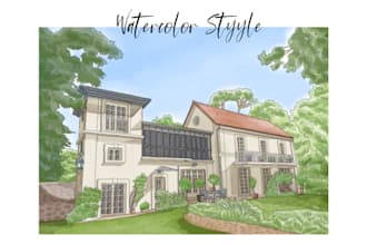 draw watercolor house with freehand style