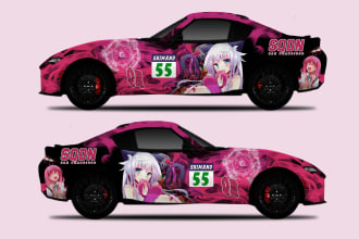 create racing car wrap, itasha wrap design with extreme creativity