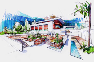 hand draw architectural sketches of exterior views