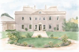 draw watercolor wedding venue, house, landscape