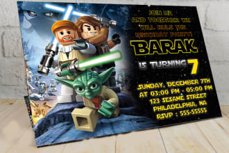 design batman, black panther, lego, star wars surprise birthday party invitation