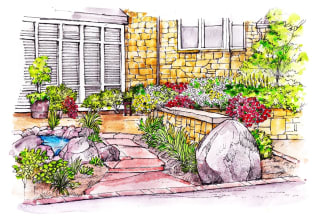 draw beautiful landscape scenery, house garden with water colours and ink line