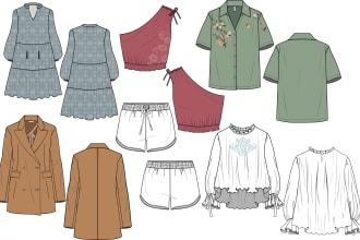 do garment technical sketch with color and print details