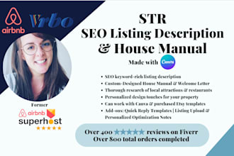 write a listing, quick replies, welcome letter and house manual for airbnb setup