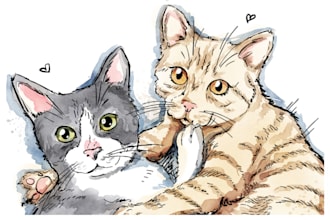 paint a watercolor pet portrait with ink sketch