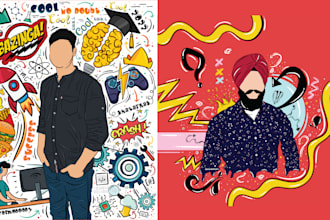 custom cartoon illustrations with doodle backgrounds