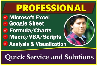 provide service in excel, google sheet, formulas, vba, macros, chart, and report