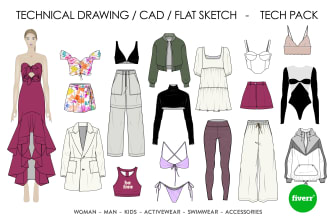 design flat sketch, cad or tech pack for your fashion line