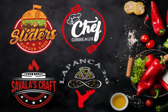 create pizza, burger, chef, bbq, grill, fast food, and restaurant logo