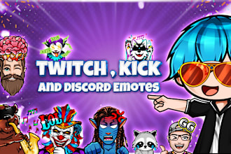 design custom twitch emotes, kick emotes and sub badges for twitch, kick discord