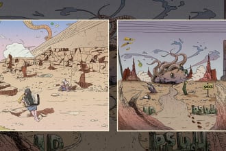 draw funky surreal illustration, album cover, book, poster
