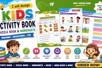 design custom kids activity book, puzzle book and worksheets