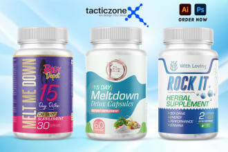 design supplement label, vitamin label, protein, capsules and gummies label