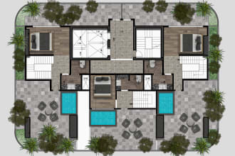 do colored 2d floor plan with furniture and 3d effect