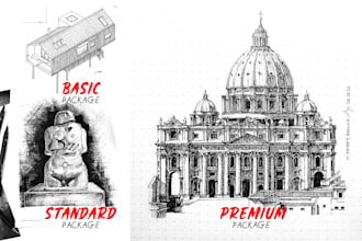 draw architectural or urban sketches by hand in pen and ink