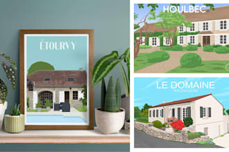 draw an illustration of any building in retro illustration