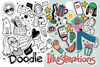 draw line art hand drawn doodle illustration, icons